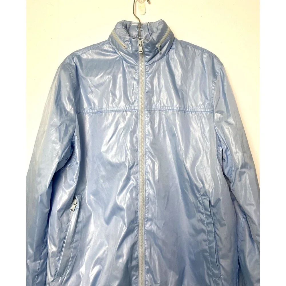 Perry Ellis Hooded Jacket Rain Coat Womens Size M Blue Pastel Full Zip Pockets